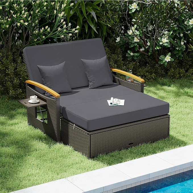Tangkula Patio Rattan Daybed with 4-Level Adjustable Backrest, Outdoor Wicker Loveseat with Acacia Wood Armrest - Photo 2