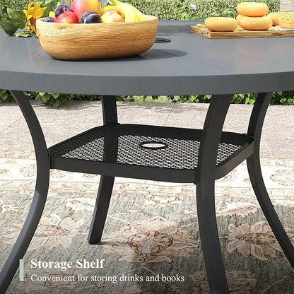 Outdoor Dining Table with Adjustable Umbrella Hole, 40.6" All-Weather Round Patio Dining Table for 4, Metal Patio Table with Storage Shelf for Garden Lawn Porch Deck Yard, Dark Grey