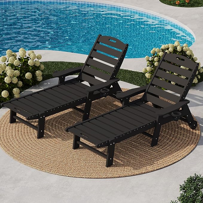 HDPE 5-Position Outdoor Chaise Lounge Chair with Cup Holder and Wheels Set of 2, Resin Pool Lounge Chair for Outside - Photo 7