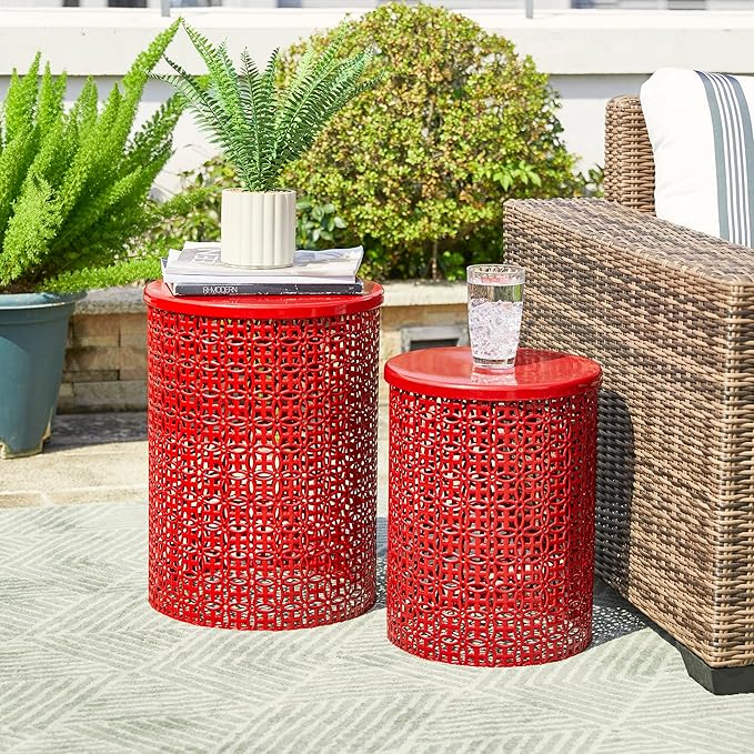 Glitzhome Outdoor Side Table Set of 2, Decorative Garden Stool for Patio Heavy Duty Metal Frame Accent Table Modern End Table, Glossy Red
