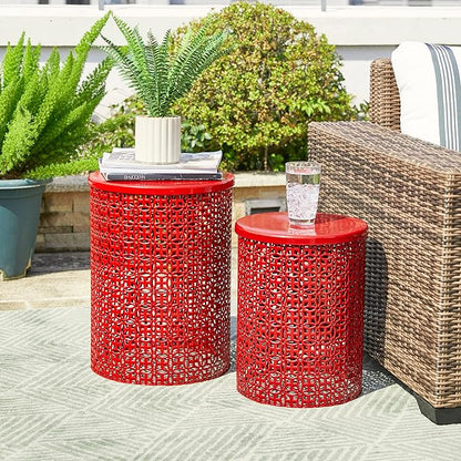 Glitzhome Outdoor Side Table Set of 2, Decorative Garden Stool for Patio Heavy Duty Metal Frame Accent Table Modern End Table, Glossy Red