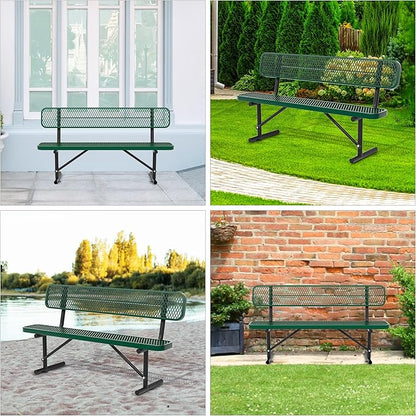 6ft Park Benches for Outside, Green Garden Benches Weatherproof with Backrest - Heavy-Duty Metal Bench for Patio Porch Backyard School Sports Church Locker Room Bench Commercial-Grade Seating