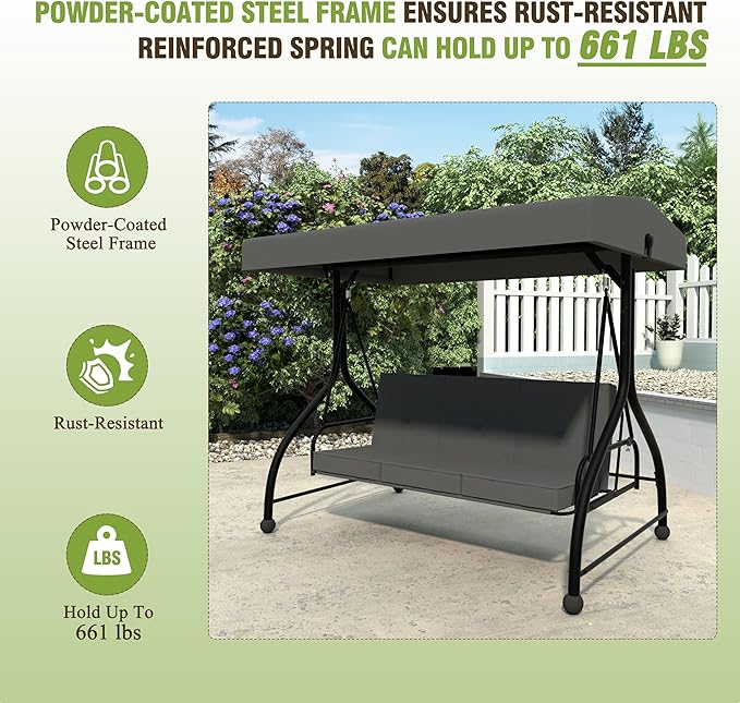 MUPATER 2-in-1 Patio Porch Swing Chair, 3-Seat Outdoor Canopy Swing Glider with Stand and Cushion for Outside, Backyard, Grey