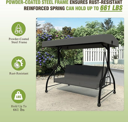 MUPATER 2-in-1 Patio Porch Swing Chair, 3-Seat Outdoor Canopy Swing Glider with Stand and Cushion for Outside, Backyard, Grey