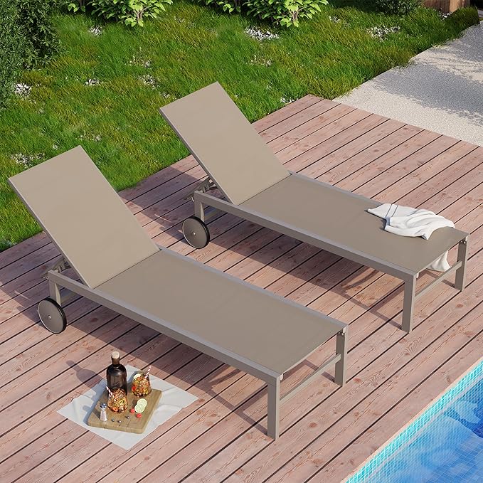 JAMFLY 2pcs Patio Outdoor Chaise Lounge Chair with Wheels for Outside Aluminum Adjustable Angle Lounge Chair Set