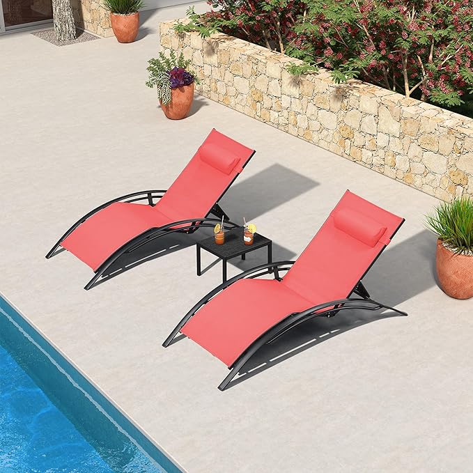 PURPLE LEAF Patio Oversized Chaise Lounge Chair Set with 2 Side Table Pool Adjustable Recliner Chairs for Outside Beach Outdoor Sunbathing Tanning Poolside Lounges