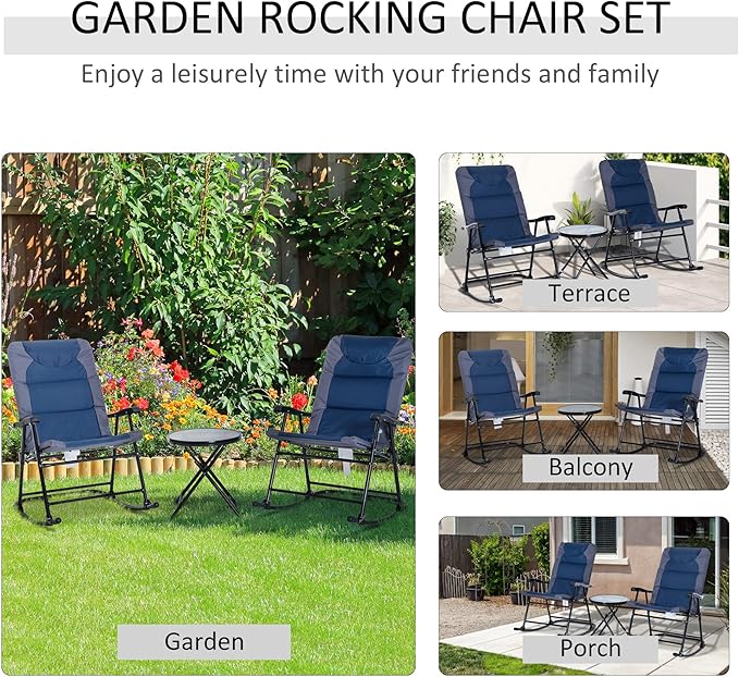 Outsunny 3 Piece Outdoor Patio Furniture Set with Glass Coffee Table & 2 Folding Padded Rocking Chairs, Bistro Style for Porch, Camping, Balcony, Navy Blue
