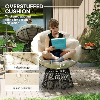 Outsunny 39" Outdoor Papasan Chair with Side Tray, 360° Swivel Overstuffed Circle Chair with Thickened Cushion, Wicker Lounger with Steel Frame for Indoor, Patio, Beige