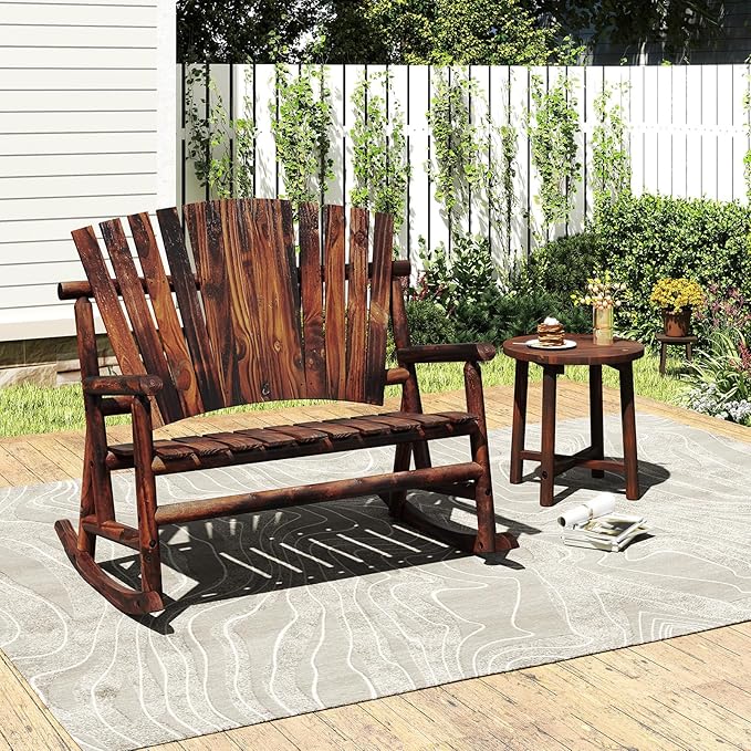 Giantex 2 Pcs Outdoor Wooden Rocking Bench, 2-Person Adirondack Porch Rocker Chair with High Back and Slatted Seat, Rustic Log Loveseat for Front Porch Patio, Backyard, Garden, Brown, 51”x38”x46”