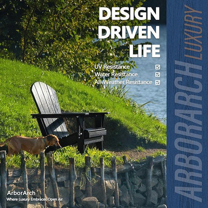 Outdoor Folding Adirondack Chair Set of 1 for Patio Fire Pit, Wooden Textured HDPE Adjustable Chairs with Cup Holder, Waterproof All Weather Resistant Plastic for Pool Lawn Garden Backyard(Black)