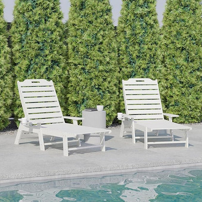 Flash Furniture Monterey Adjustable Adirondack Loungers with Cup Holders- All-Weather Indoor/Outdoor HDPE Lounge Chairs, Set of 2, White