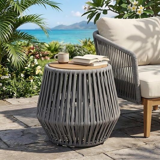 Merax Bohemian Round Outdoor Side Table with Acacia Wood Top and Grey Handwoven Rope Base, Boho Patio Coffee Table for Garden, Pool, Deck, Balcony, Yard