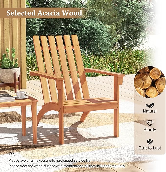 Tangkula Outdoor Adirondack Chair, Solid Acacia Wood Fire Pit Chair with Inclined Backrest, Curved Seat & Wide Armrests - Photo 8
