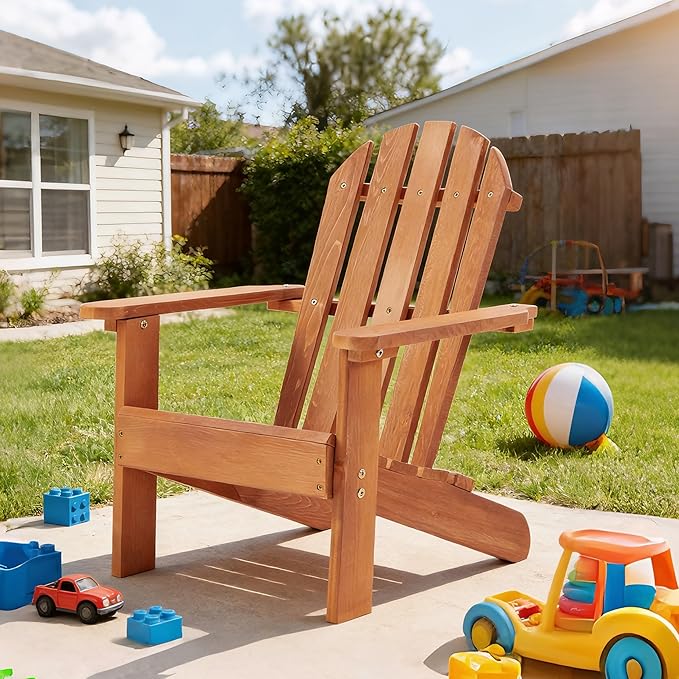 Wooden Kid's Adirondack Chair for Indoor and Outdoor, Natural Cedar Patio Lounge Chiar for Kids
