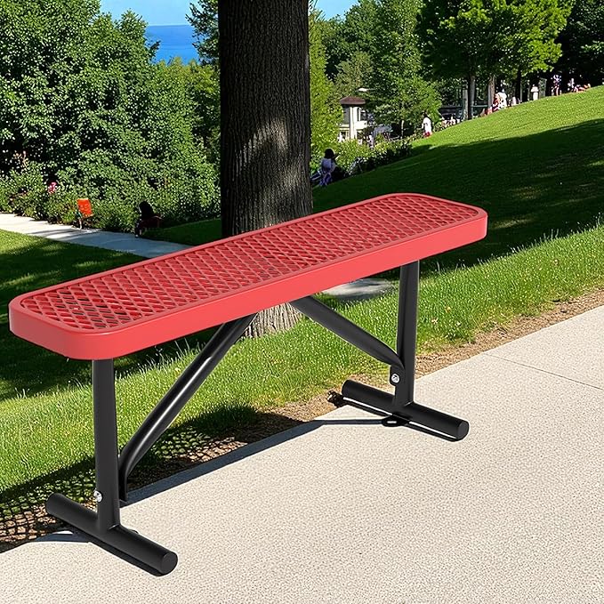 4 Feet Outdoor Steel Bench, Red Heavy Duty Metal Park Bench for Outside, Weatherproof Dock Bench, 48" L Commercial Benches Mesh Bench for Shopping Mall, Store, Lawn, Park, Patio, Deck, Garden