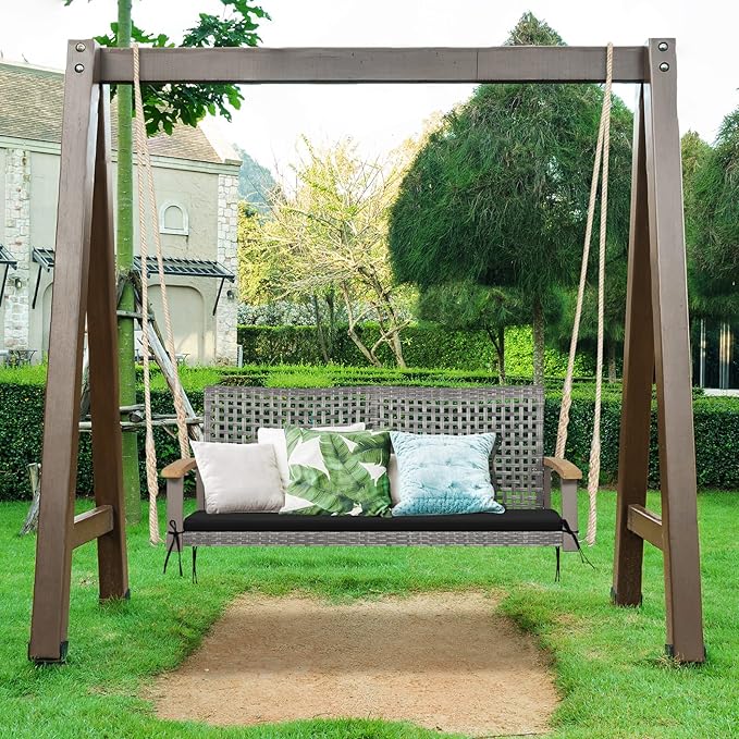 RELAX4LIFE 2-Seater Outdoor Porch Swing - Patio PE Rattan Hanging Swing Bench with Seat Cushion and Strong Hanging Ropes - Photo 9