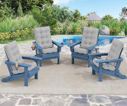 SERWALL Folding Adirondack Chairs with Cushions - Set of 4, Memory Foam Cushions - Blue/Gray