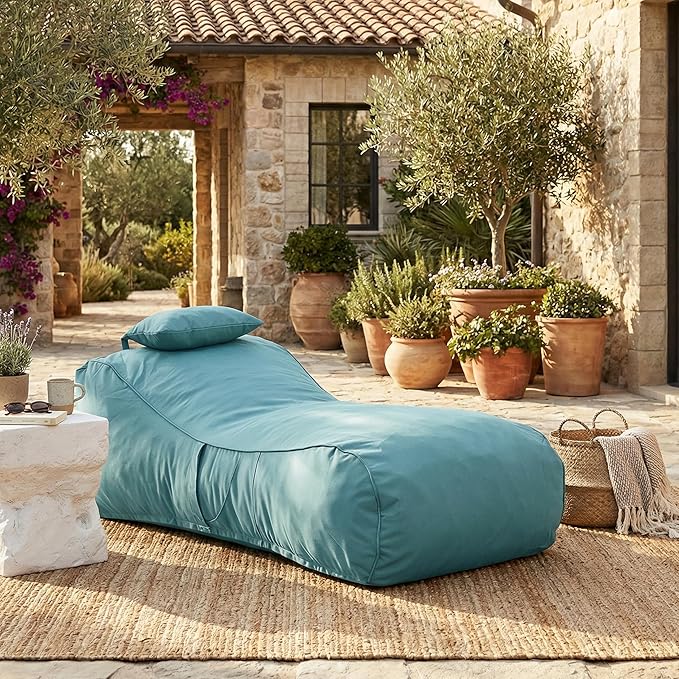 Christopher Knight Home Morton Outdoor Bean Bag Chair, Fabric Bean Bag Chair for Adults and Kids, Indoor/Outdoor Sun Lounger with Headrest, Patio Chaise Lounge Chair, Teal