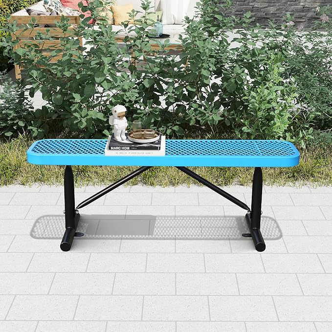 4 Ft Metal Park Benches for Outside, Outdoor Backless Bench with Thermoplastic Coating, Portable Frame, Commercial Expanded Metal Mesh Bench for Shopping Mall, Store, Park, Patio, Deck, Blue