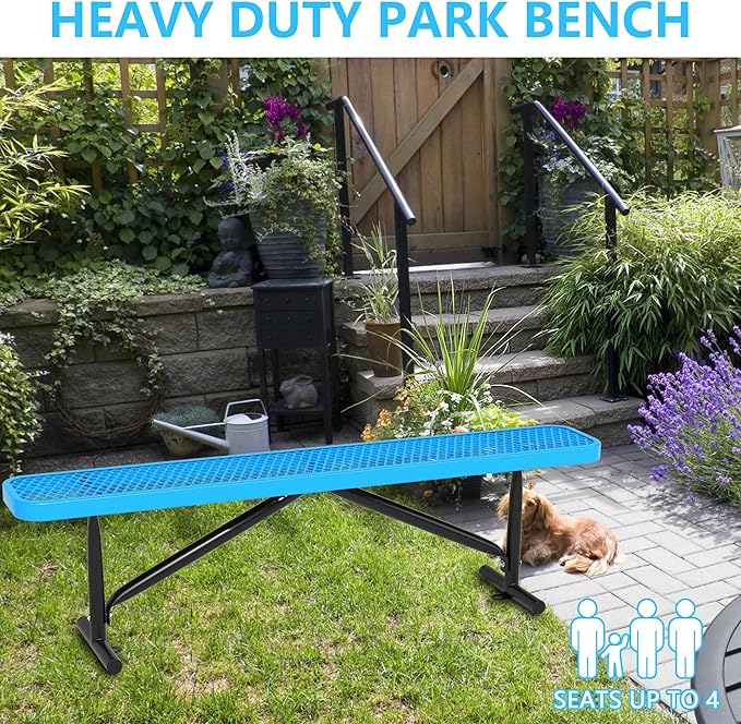6 Feet Outdoor Benches, Blue Heavy Duty Metal Park Bench for Outside, Weatherproof Dock Bench, 72" L Commercial Benches Backless Bench for Shopping Mall, Store, Lawn, Park, Patio, Deck, Garden