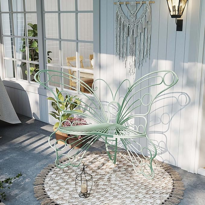 Green Cute Butterfly Benches for Outdoors, Pretty Garden Bench & 50" Metal Outside Bench, Front Porch Benches Outdoor with Sturdy Frame for Lawn Yard Balcony (Green)