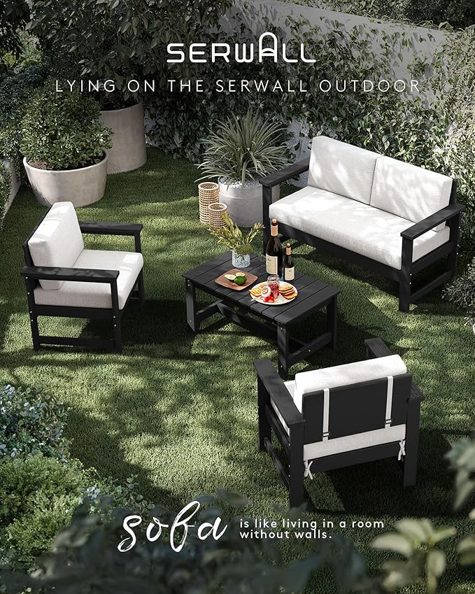SERWALL 2 Pieces Single Cushioned Sofa Armchair, Black HDPE Adirondack Outdoor Sofa Lounge with Khaki Cushion - Photo 6