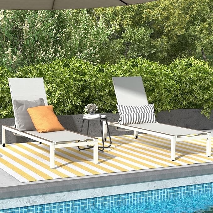 Grand patio Outdoor Chaise Lounge Mesh Sling Chair with Woodgrain Texture, Portable Wheels 4 Adjustable Reclining Backrest Positions for Poolside Beach White