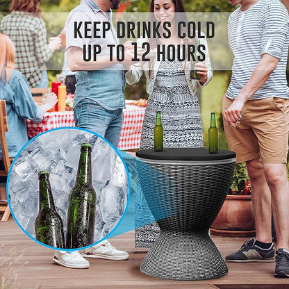 SereneLife Outdoor Cool Bar Table, 7.5 Gallon Beer and Wine Cooler, Patio Furniture & Hot Tub Side Table, Beverage Cooler, All-Weather Resistant Ice Cool Bar, Rattan Style Patio, Cocktail Bar (Black)