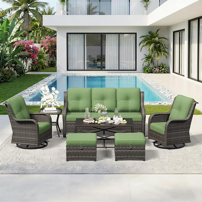 7 Piece Outdoor Wicker Patio Furniture Set, Outdoor Swivel Rocker Patio Chairs Set with Thickened Olefin Cushions - Photo 9