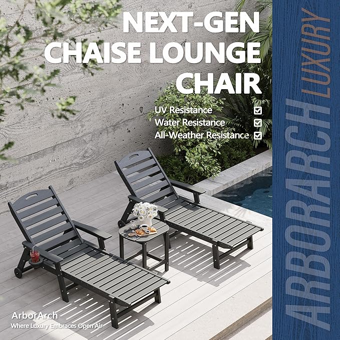 Patio Chaise Lounge Chair, HDPE Outdoor Lounge Chairs with 5-Position Adjustable Backrest, Cup Holder and Wheels - Photo 4