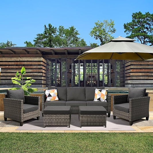 ovios Patio Furniture Set, 5 Pieces Outdoor Wicker Sofa Couch with Ottomans Comfy Cushions, All Weather High Back Rattan Conversation Set for Backyard Porch, Black