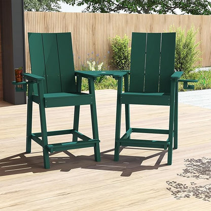 Tall Adirondack Chair Set of 2, HDPE Balcony Chairs with Connecting Tray, Two Cup Holders, All-Weather Adirondack Bar Stools for Patio, Balcony, Backyard, Poolside, Dark Green
