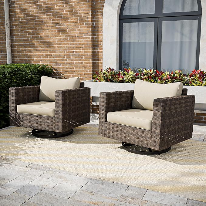 EAGLE PEAK Harbor Haven 2 Piece Wicker Swivel Rocker Patio Furniture Set, Deep Seating Rocking Chairs, Weather Resistant Outdoor Furniture for Patio, Deck, Garden, Brown/Beige