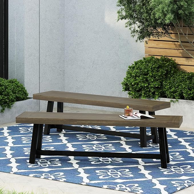 Merax 2-Piece Acacia Wood Outdoor Benches Set, 63" Rustic Patio Bench with Sandblast Gray Finish and H-Stretcher Design, Solid Hardwood Garden Bench for Dining, Porch, Fire Pit, Grey+Black