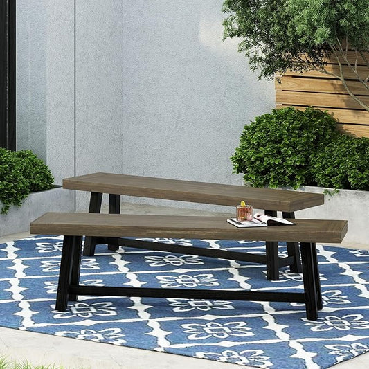 Merax 2-Piece Acacia Wood Outdoor Benches Set, 63" Rustic Patio Bench with Sandblast Gray Finish and H-Stretcher Design, Solid Hardwood Garden Bench for Dining, Porch, Fire Pit, Grey+Black