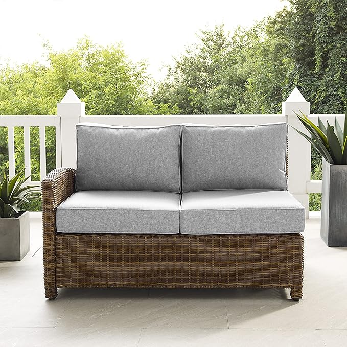 Crosley Furniture Bradenton Outdoor Sectional Left Side Loveseat, 2-Person Wicker Patio Couch for Deck, Brown with Gray Cushions