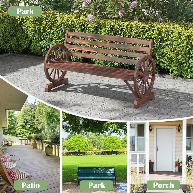 FIZZEEY Outdoor Bench - 52" Long Outside Garden Bench with Slatted Backrest & Wagon Wheel Armrests, Porch Furniture for Porch, Yard, Lawn, Rustic Brown