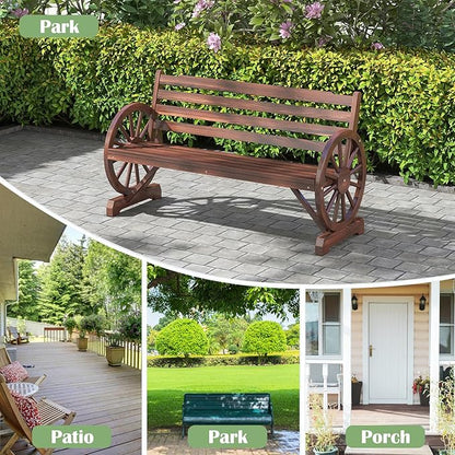FIZZEEY Outdoor Bench - 52" Long Outside Garden Bench with Slatted Backrest & Wagon Wheel Armrests, Porch Furniture for Porch, Yard, Lawn, Rustic Brown