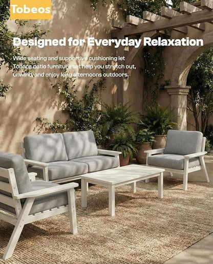 HDPE Patio Furniture Set with Cantilever Umbrella, Outdoor Couch with Washable Thick Gray Cushions & Tables, Outdoor Sectional Furniture for Deck, Lawn, Porch (White Frame)