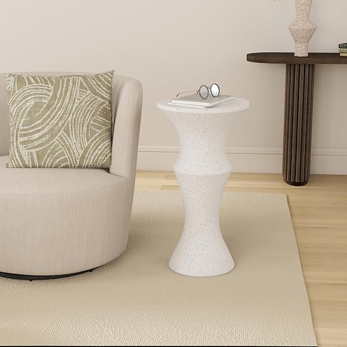 Indoor/Outdoor Side Table – 11” Round Concrete Pedestal Accent Table, Modern Minimalist Mid-Century Stone Side Table for Patio, Balcony, or Living Room, Spotted White