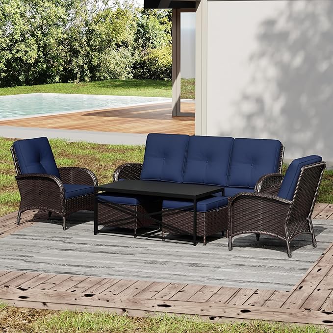 Joyside Wicker Patio Furniture Set, 6 Piece Outdoor Furniture Set with Thickened Cushions, High Back, Deep Seating, Wide Armrest, Rattan Outdoor Chairs for Porch, Deck