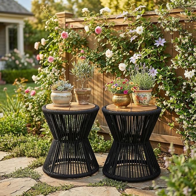 Merax 2 Pieces Round Outdoor Side Table Set, Bohemian Patio Side Tables with Acacia Wood Top and Black Handwoven Rope Base for Garden, Pool, Yard, Elegant Hourglass Design, No Assembly, 18.9" Height