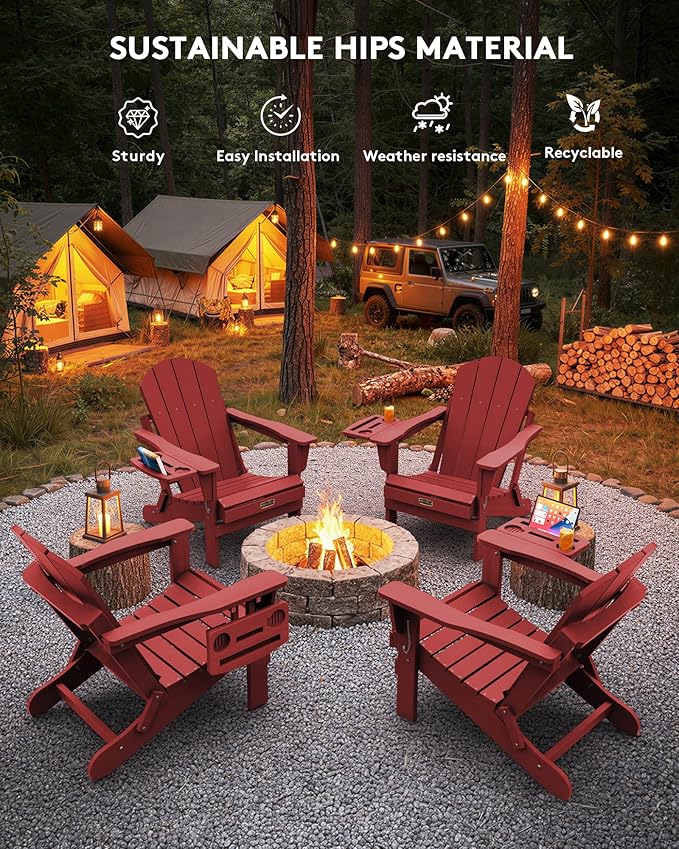 SERWALL Folding Adirondack Chair Set of 4, Outdoor Adirondack Chairs with 4 in 1 Cup Holder, Wood Texture Patio Chairs - Photo 9