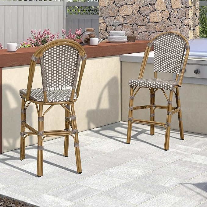 PURPLE LEAF French Bar Stool Set of 2 Bamboo Print Finish Patio Bar Stools with Back Rattan Chairs Wicker Bar Height - Photo 9
