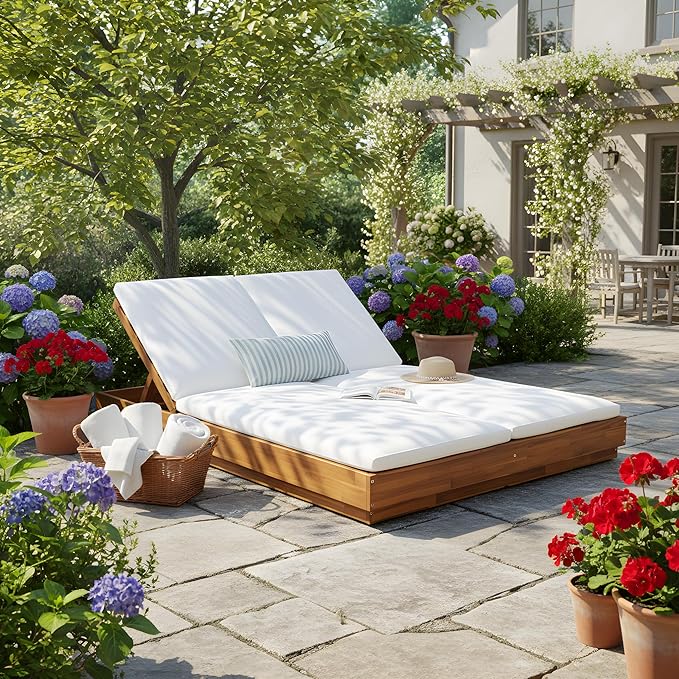 Christopher Knight Home Toridan Double Chaise Lounge Outdoor with Cushion, Acacia Wood Patio Chaise Lounge Set of 2, Adjustable Backrest Poolside Sun Lounger, Wood Sunbathing Chair, Teak+White