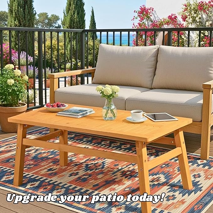 42" Cedar Wood Coffee Table, Solid Wood Farmhouse Patio Side Table, Slatted Accent Table for Garden, Deck, Lawn - Photo 9