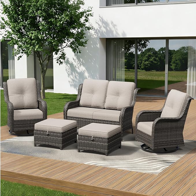 5 Piece Outdoor Wicker Patio Furniture Set, Outdoor Swivel Rocker Patio Chairs Set with Thickened Olefin Cushions - Photo 1