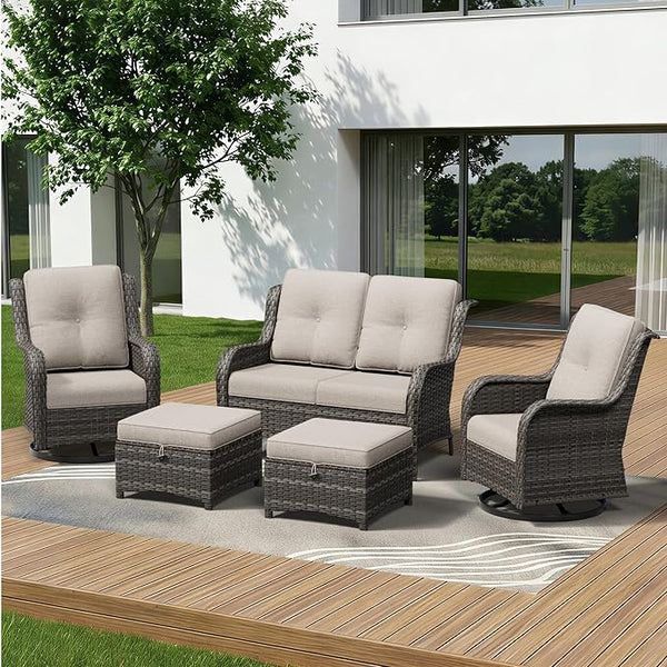 5 Piece Outdoor Wicker Patio Furniture Set, Outdoor Swivel Rocker Patio Chairs Set with Thickened Olefin Cushions - Photo 1
