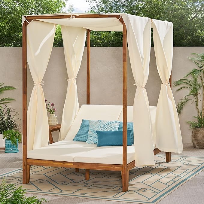 Christopher Knight Home Muntz Outdoor Acacia Wood Daybed Frame Only, Wooden Rectangular Patio Daybed Frame, Double Chaise Lounge Chair Outdoor, Adjustable Backrest Patio Furniture Sofa Set, Teak