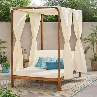 Christopher Knight Home Muntz Outdoor Acacia Wood Daybed Frame Only, Wooden Rectangular Patio Daybed Frame, Double Chaise Lounge Chair Outdoor, Adjustable Backrest Patio Furniture Sofa Set, Teak